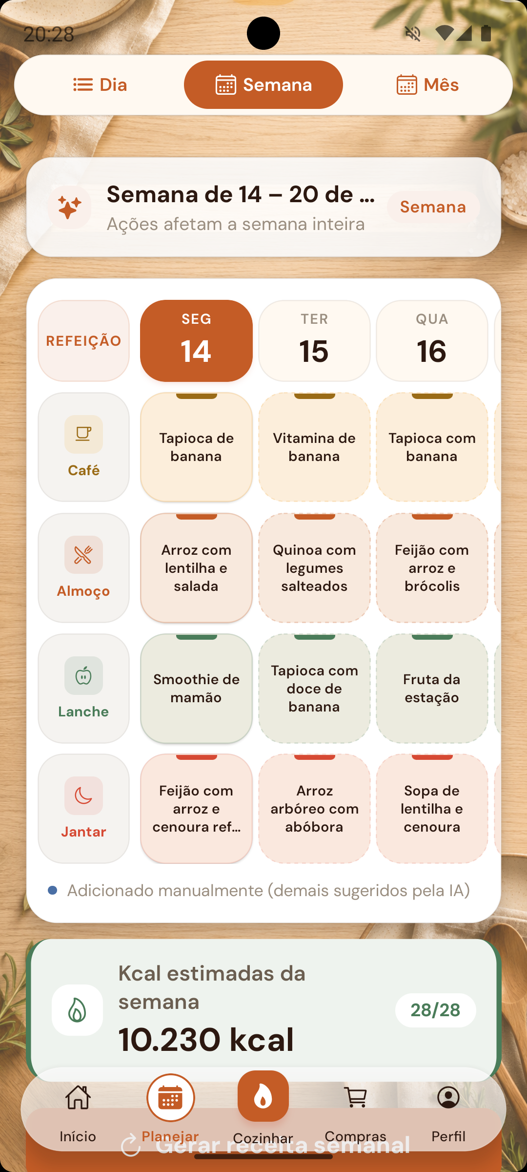 Cardápio semanal do Bento Chef organizado por dia e refeição