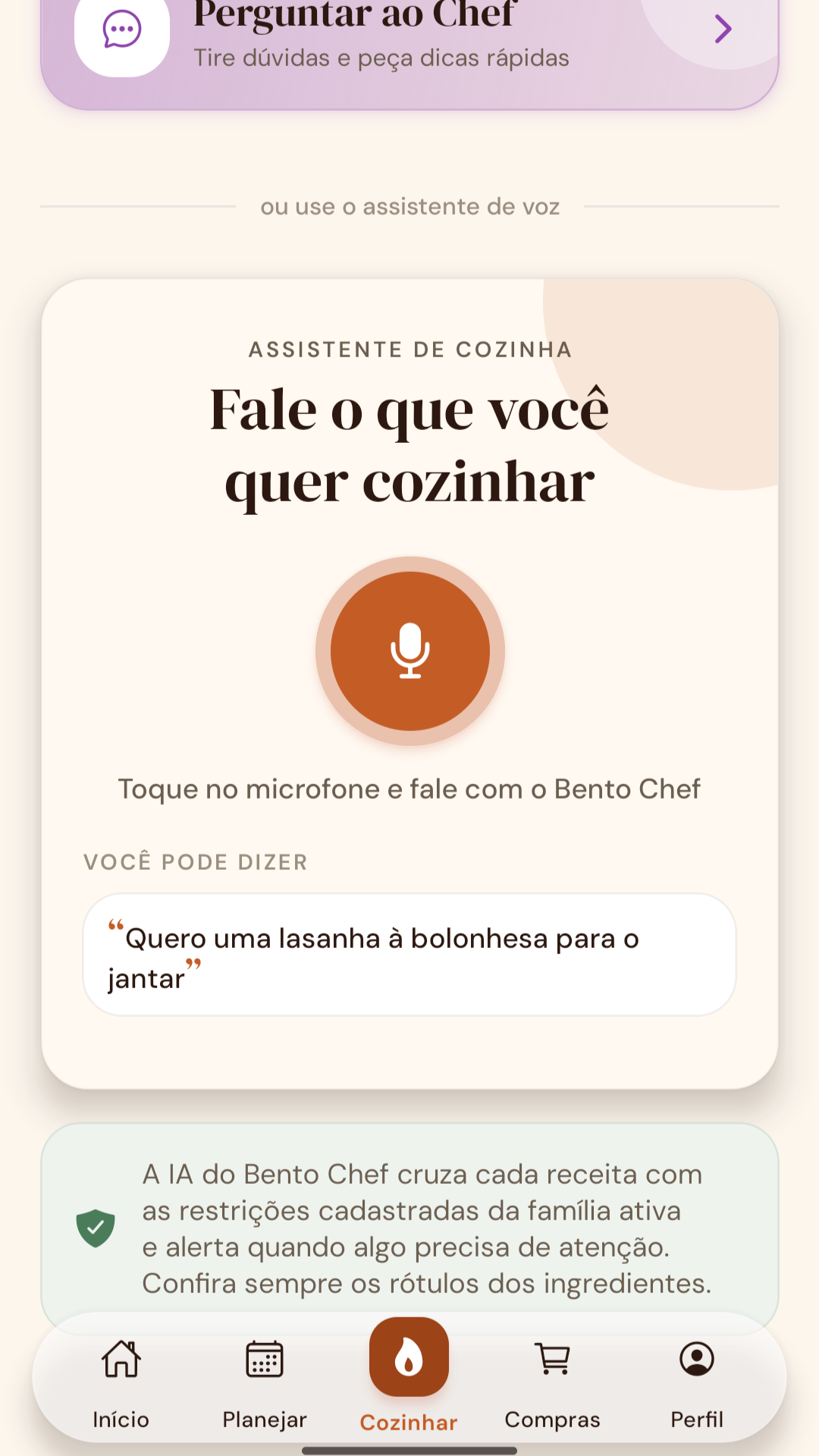 Assistente de voz do Bento Chef para pedir receitas e orientações sem digitar