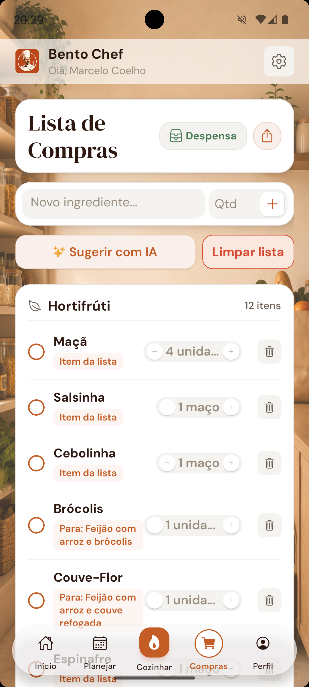 Lista de compras detalhada do Bento Chef agrupada por categorias e quantidades