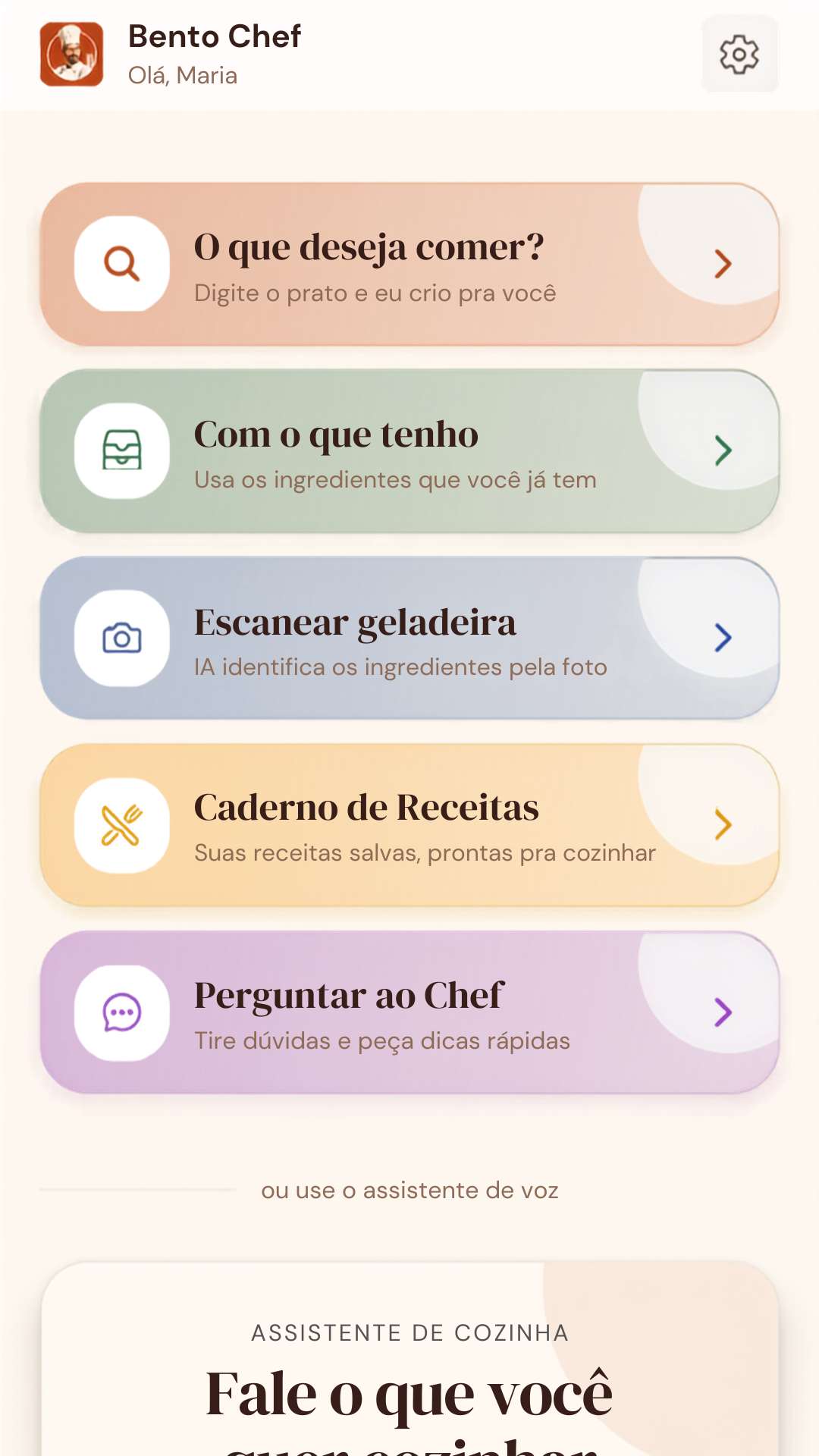 Tela Cozinhar do Bento Chef com a opção Escanear geladeira para identificar ingredientes por foto