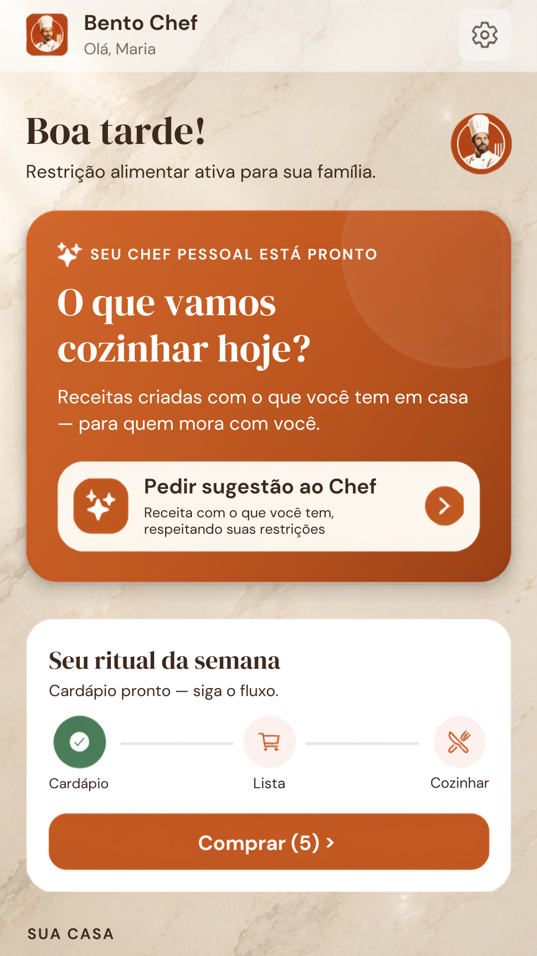 Tela inicial do Bento Chef com sugestão personalizada, planejamento semanal e acesso à lista de compras